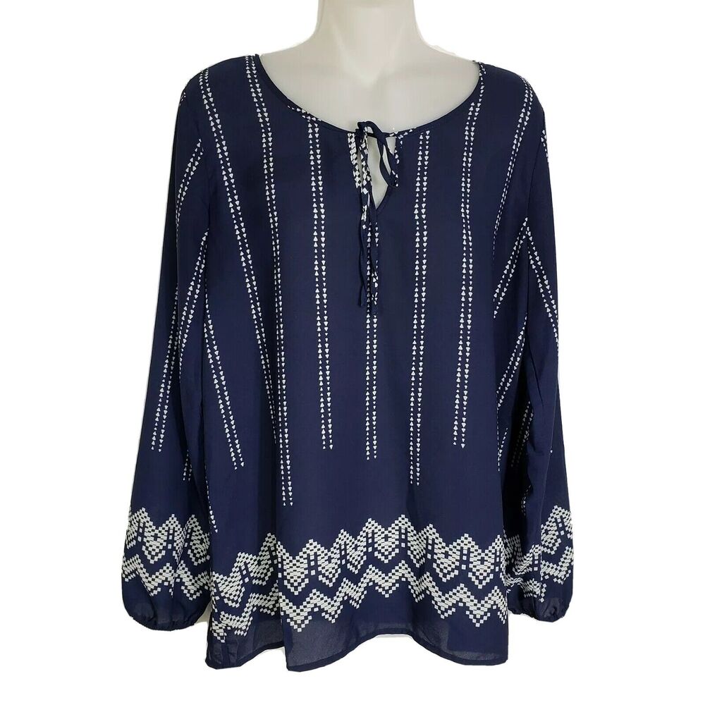 Charming Charlie Womens Blouse Size Medium M Blue Sheer Long Sleeve Tie Neck